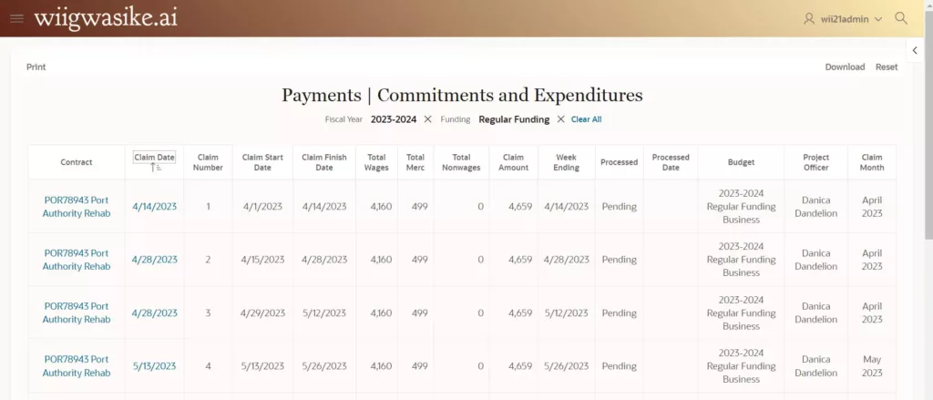 Wiigwasike.AI ledger to track payment commitments and expenditures